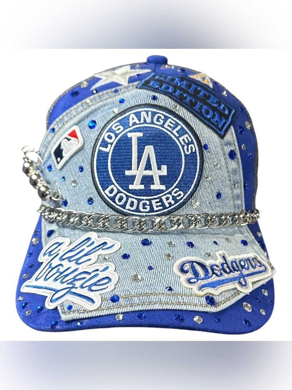 Women's Blue Denim Bling Cap with Chain Detail